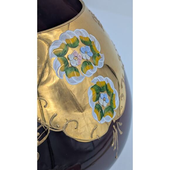 Large Bohemian Glass Bowl Purple Amethyst Gold Gilt Enameled Applied Flowers 7" - Picture 10 of 13